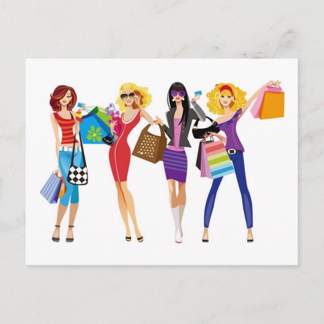 CARTE POSTALE CARTOON SHOPPPING FILLES VECTEURS STYLE MODE S'AMU (Devant)