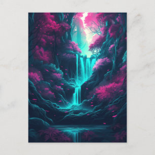 Carte Postale Cascade Paysage Forêt Imaginaire bleu rose