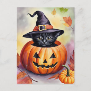 Carte Postale Casquette de sorcière Citrouille Black Kitten Hall