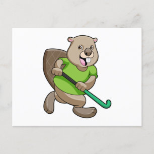 Carte Postale Castor au hockey avec une batte de hockey
