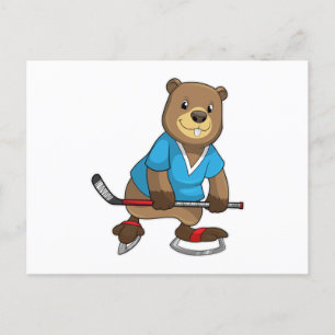 Carte Postale Castor au hockey sur glace avec bâton de hockey su