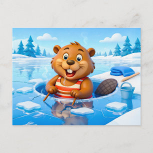 Carte Postale Castor prenant un bain de glace dans un maillot de
