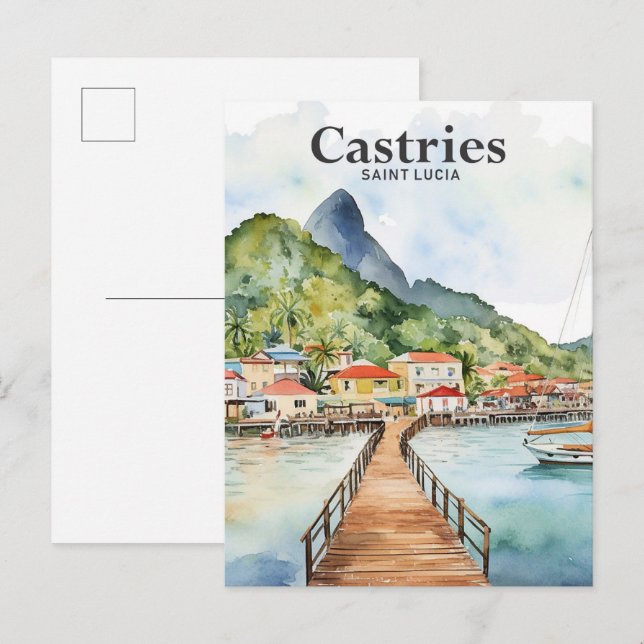 Carte Postale Castries Sainte Lucia Aquarelle Peinture Voyage (Devant / Derrière)