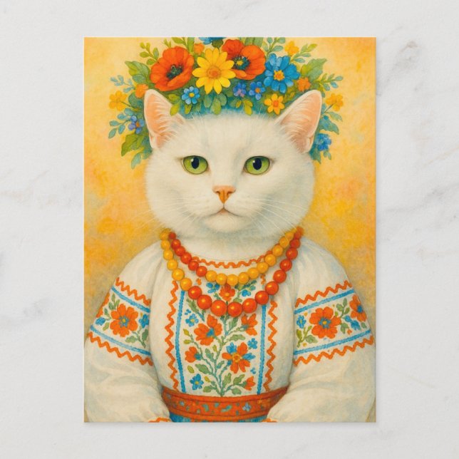 Carte postale Cat blanc ukrainienne Fleur Wire (Devant)