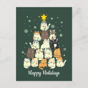 Carte Postale Cat Holiday Christmas Tree lumière mignonne
