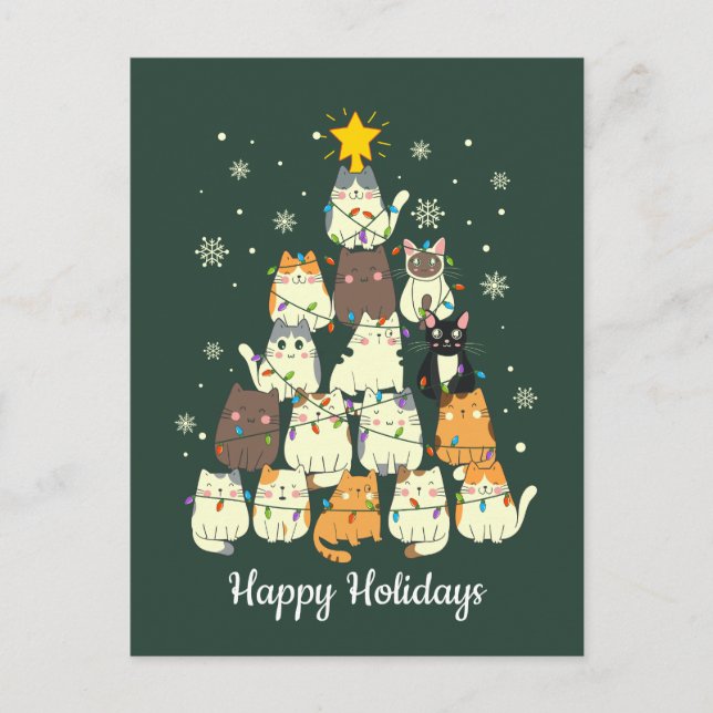 Carte Postale Cat Holiday Christmas Tree lumière mignonne (Devant)