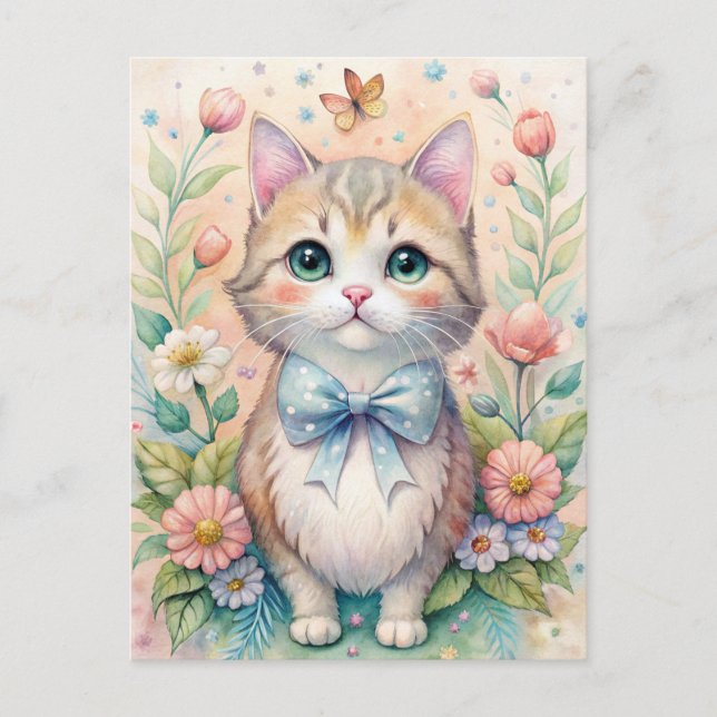 Carte Postale Cat Kitten Pastel Bow Wildflowers  (Devant)
