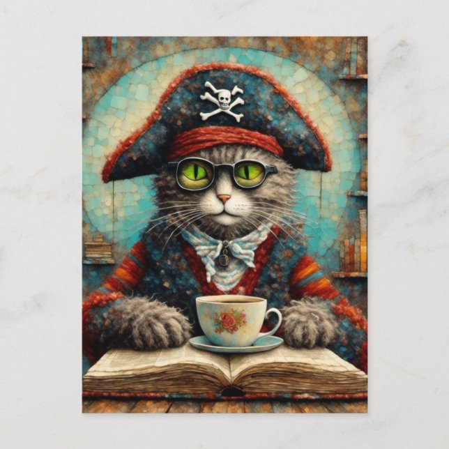 Carte Postale Cat pirate boire du café et lire (Devant)