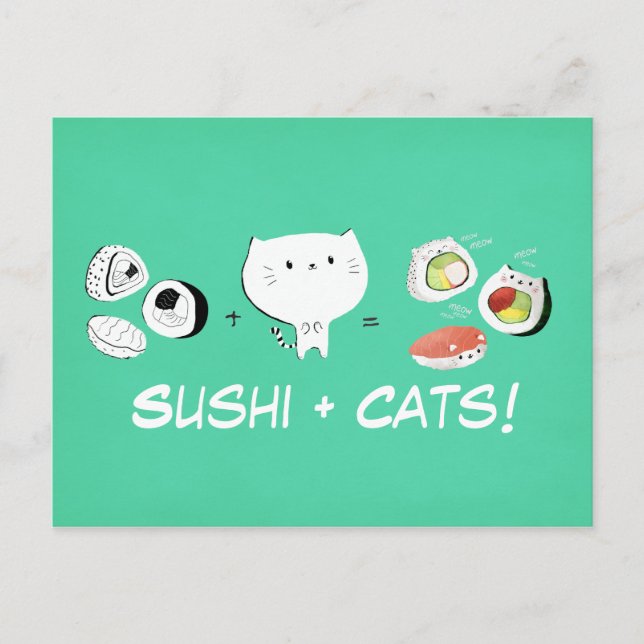 Carte Postale Cat plus Sushi est égal à Cuteness ! (Devant)