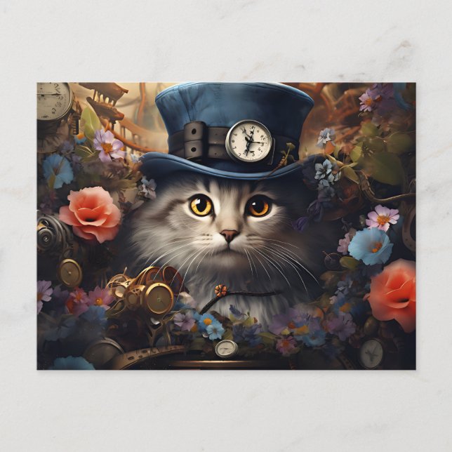 Carte Postale cat with Cylinder and flowers in steam Punk Style (Devant)