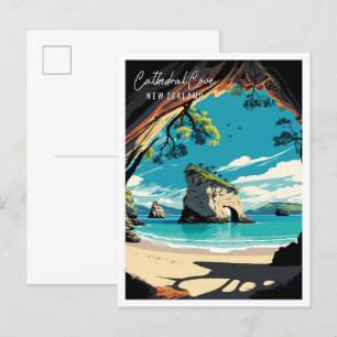Carte Postale Cathedral Cove Voyage vintage Nouvelle-Zélande