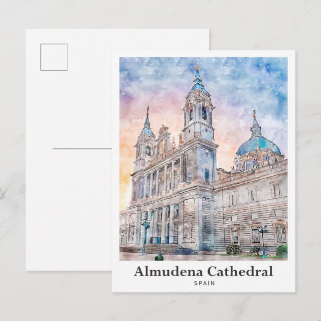 Carte Postale Cathédrale d'Almudena Madrid Espagne Voyage Aquare (Devant / Derrière)