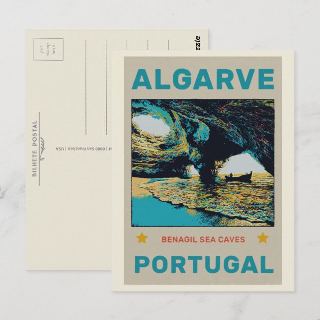 Carte Postale Cavernes de Benagil illustration Algarve Portugal (Devant / Derrière)