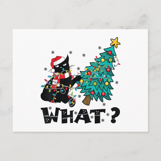 Carte Postale Ce drôle Chat Noir Père Noël Poussant Arbre de Noë (Devant)