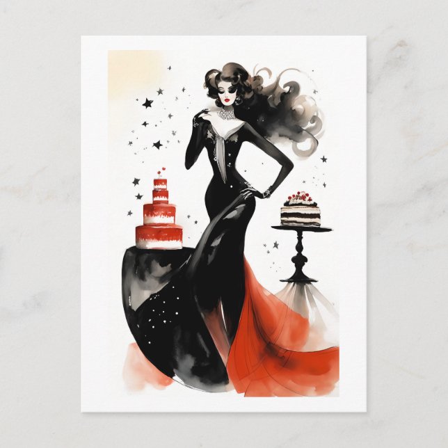 Carte Postale Célébration de la mode. Belle femme avec gâteau (Devant)