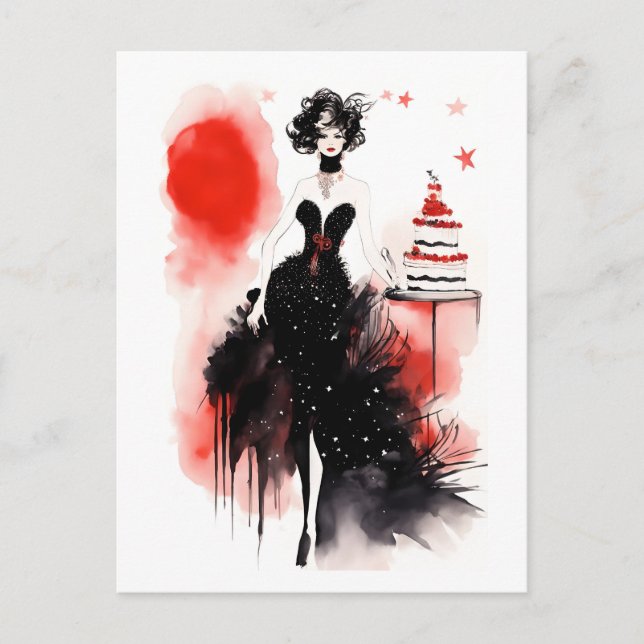 Carte Postale Célébration de mode. Belle femme avec gâteau (Devant)