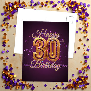Carte Postale Célébration élégante violette et or pour un 30e an