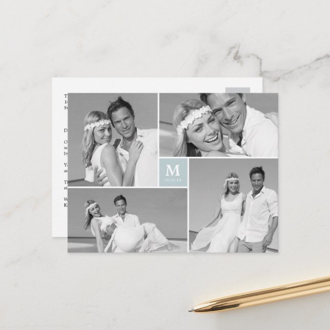 Carte Postale Centre Carré Monogramme Mariage Merci photo (Devant/Arrière en situation)