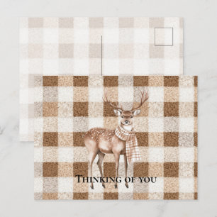 Carte Postale Cerf à carreaux marron crème rustique Pensant à to