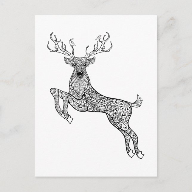 Carte Postale Cerf À Cornes Magique Avec Oiseaux Doodle (Devant)