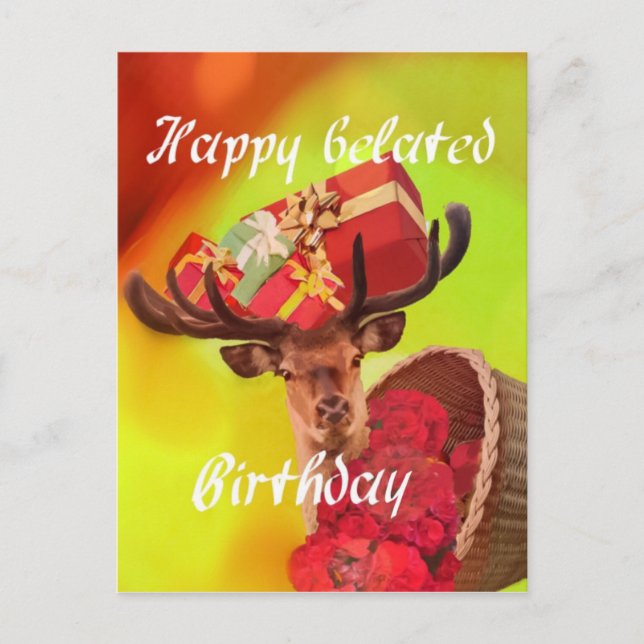 Carte Postale Cerf avec des cadeaux d'anniversaire tardif. (Devant)