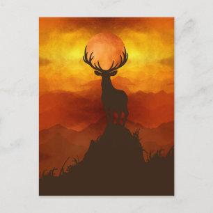 Carte Postale Cerf Buck sur le sommet de la montagne avec couche