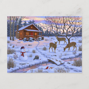 Carte Postale Cerf Cabine D'Hiver Dans La Scène De Noël De Neige