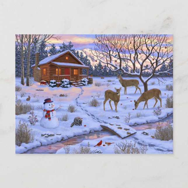 Carte Postale Cerf Cabine D'Hiver Dans La Scène De Noël De Neige (Devant)