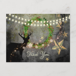 Carte Postale Cerf, Couronne de Noël, Lumières et Étoiles Merci