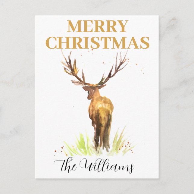 Carte Postale Cerf de Noël Elégante aquarelle Joyeux (Devant)