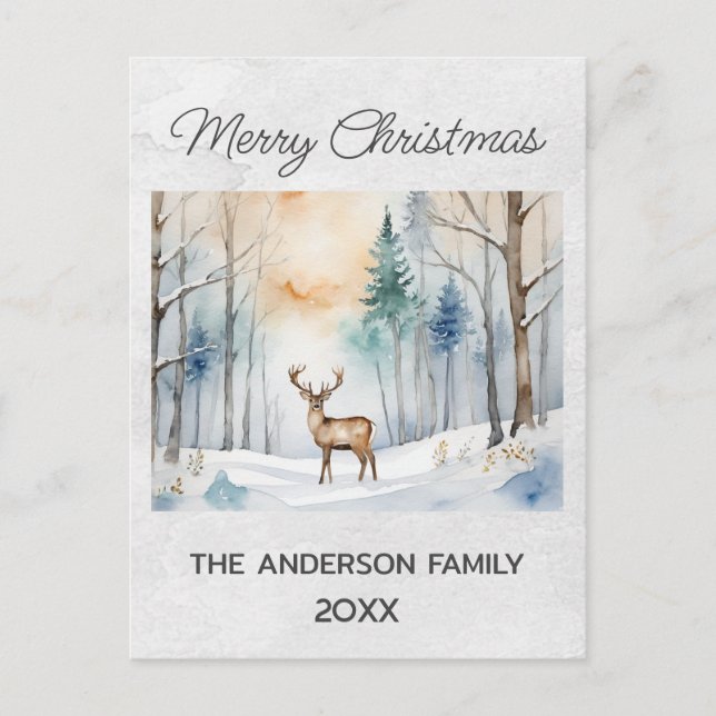 Carte Postale Cerf en forêt neigeuse Arbres de Noël Aquarelle (Devant)