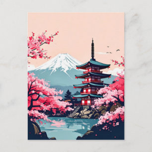 Carte Postale Cerisiers Japonais et Pagode avec le Mont Fuji