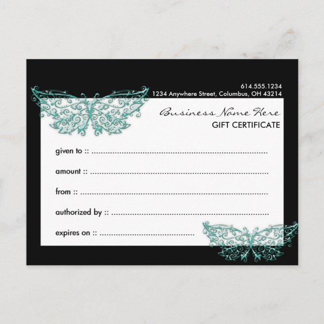 Carte Postale Certificat cadeau 2 : Beau Papillon Turquoise (Devant)
