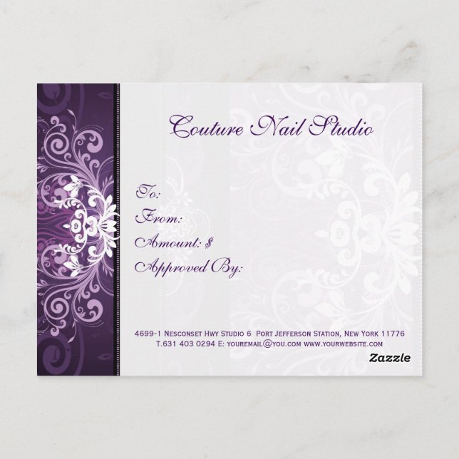 Carte Postale Certificat-cadeau de tourbillons floraux violet et (Dos)