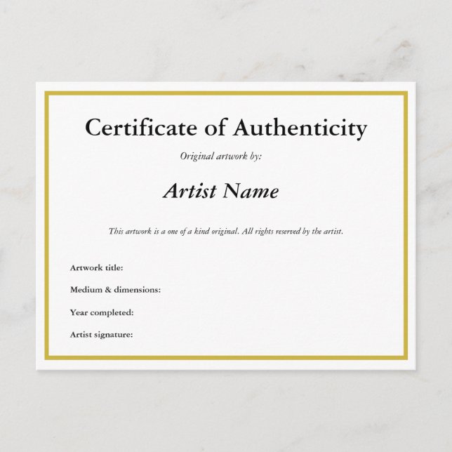 Carte Postale Certificat d'authenticité personnalisable pour l'a (Devant)