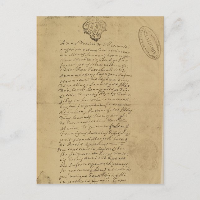 Carte Postale Certificat de naissance de Napoléon, 1769 (Devant)