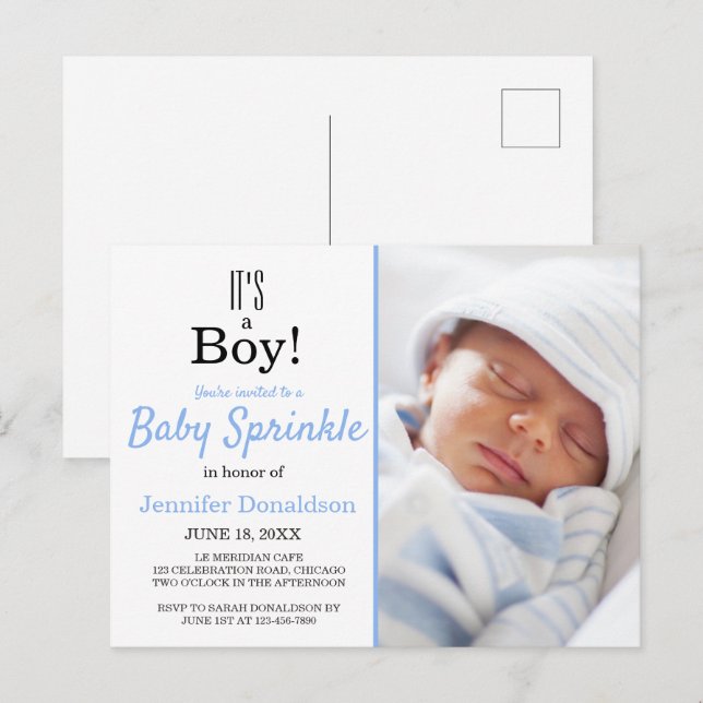 Carte Postale C'est un garçon mignon Bleu Baby Sprinkle Invitati (Devant / Derrière)