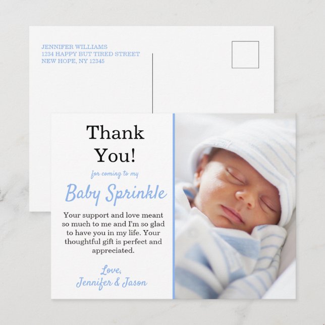 Carte Postale C'est un garçon mignon Merci Bébé bleu saupoudré (Devant / Derrière)