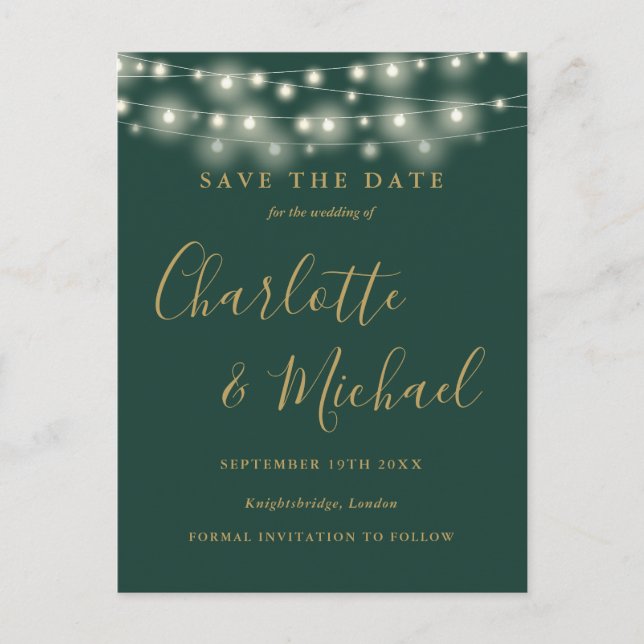 Carte Postale Chaîne Lumières Green et Gold Mariage Enregistrer  (Devant)