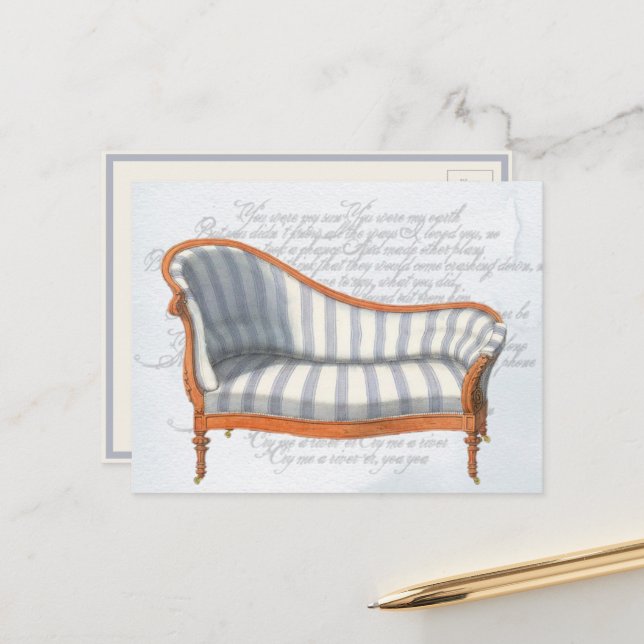 Carte Postale Chaise Longue Rayée Bleue Victorienne (Devant/Arrière en situation)