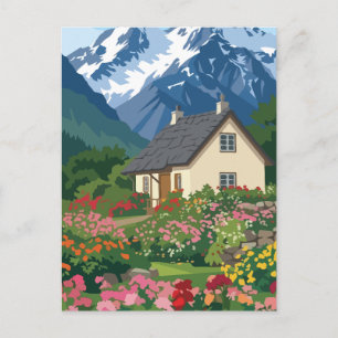 Carte Postale Chalet alpin pittoresque avec jardin fleuri vibran