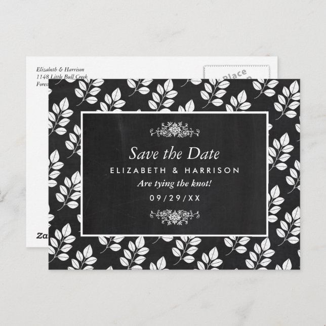 Carte Postale Chalkboard Floral Leaf Wedding Enregistrer La Date (Devant / Derrière)
