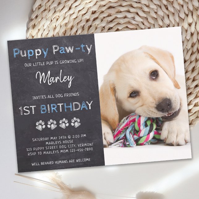 Carte Postale Chalkboard Puppy Pawty Blue Dog fête d'anniversair (Créateur téléchargé)