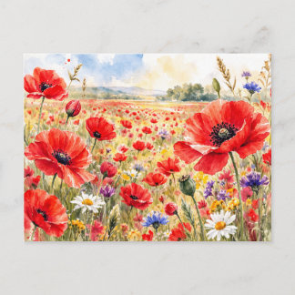 Carte Postale Champ de coquelicots - Coquelicot à l'aquarelle