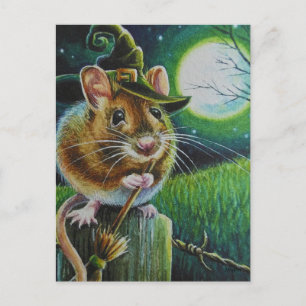 Carte Postale Champ de sorcières d'Halloween Souris balai aquare
