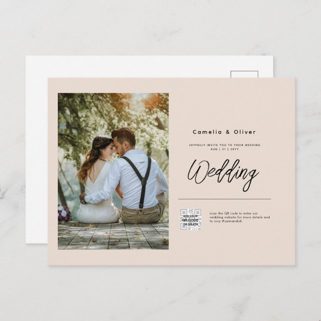Carte Postale Champagne Blush PHOTO Faire-part de mariage QR Cod (Devant / Derrière)