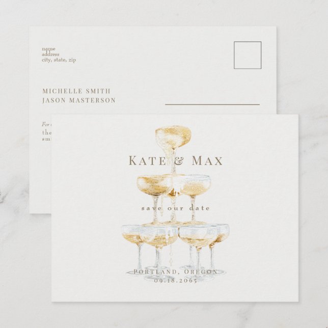 Carte Postale Champagne Elegant Cream Wedding Enregistrer la dat (Devant / Derrière)