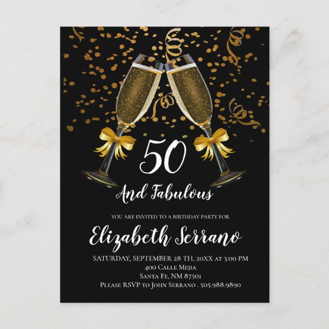 Carte Postale Champagne Et Confetti Black Gold 50e anniversaire (Devant)