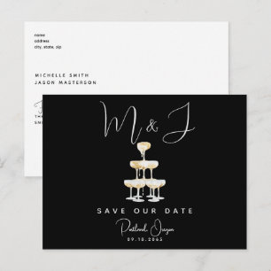 Carte Postale Champagne Modern Black Wedding Enregistrer la Date