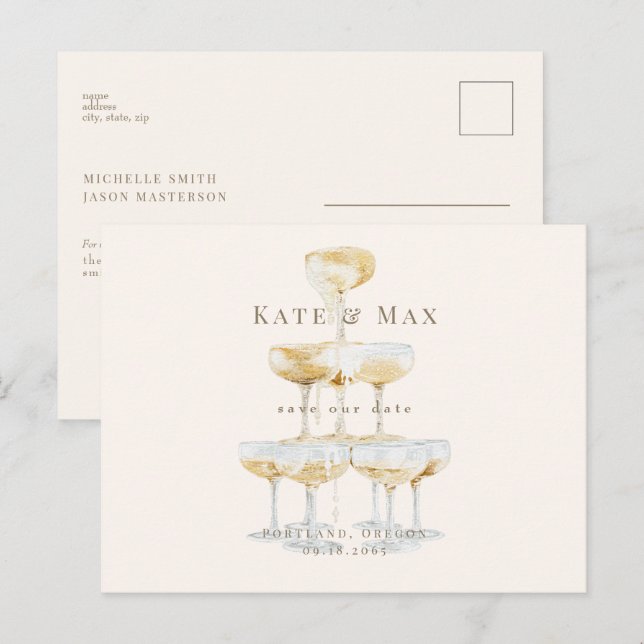 Carte Postale Champagne Modern Cream Wedding Sauvez la date (Devant / Derrière)